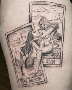 Unique tarot cards tattoo  Unique tarot decks by Dark Forest Use this coupon for a discount WELCOME10 https://tarotcardsdarkforest.com/  #tarotcard #tarotcardtattoo #tattoo #tattooist #tattoocrazy #tattoocrazyuk #cambridgetattoo #cambridgeartist #tattooist #tarotcard #tarotcardtattoo #tattoo #tattooist #tattoocrazy #tattoocrazyuk #cambridgetattoo #cambridgeartist #tattooist Thigh Tarot Tattoo, Tarot Card Tattoo Unique, Lesbian Tarot Card Tattoo, Two Tarot Cards Tattoo, Emperor Tarot Tattoo, Karma Tarot Card Tattoo, Small Tarot Tattoo, Tarot Card Tattoo Sleeve, Star Tarot Card Tattoo