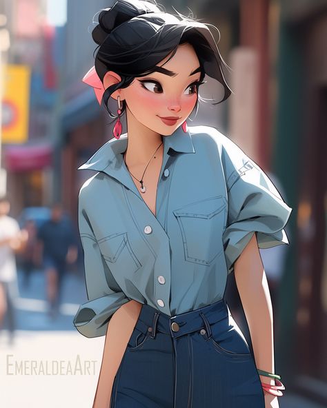 Modern Mulan, wearing jeans, Disney Princess Disney Princess Fashion Modern, Mulan Fanart Modern, Disney Princess Fan Art Modern, Disney Princesses Modern, Modern Pocahontas, Modern Disney Princesses, Art Ideas Anime, Modern Disney Princess, 3d Princess