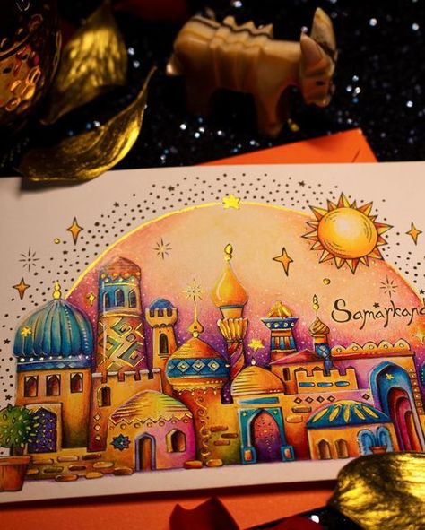 Rita Berman on Instagram: "13.10.2022 🌇 Samarkand a beautiful city with historic architecture, rich bazaars and a dreamy scenery. One of the oldest cities in the middle of Central Asia. While coloring this postcard from #meinereisedurchasien I got reminded of many little stories from the 1001 Nights tales✨🎨 It would be a dream to visit this place someday…😉 . . . #postcards #samarkand #adultcoloringbook #colorindolivrostop #coloriagepouradulte #colouring #kolorowankidladorosłych #kleurenvoorvo Rita Berman Asia, Rita Berman Afrika, Dreamy Scenery, Joanna Basford Coloring, Pencil Inspiration, 1001 Nights, Pencil Drawings For Beginners, Rita Berman, Manga Hair