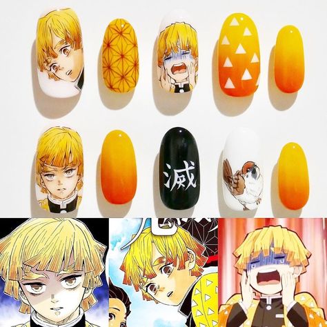 Zenitsu Nail Art, Zenitsu Nails, Rengoku Nails, Demon Slayer Inspired Nails, Demon Slayer Nails, Anime Nail Art, Idol Nails, Anime Nail, Nail Art Printer