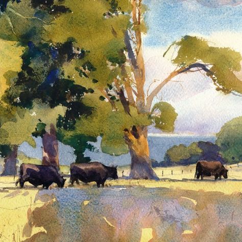 View Watercolor Painting, Landscape Paintings Watercolor, Mike Kowalski, Crk Designs, Watercolor Plein Air, Farm Watercolor, Watercolor Masterpiece, Cow Paintings, Plein Air Watercolor