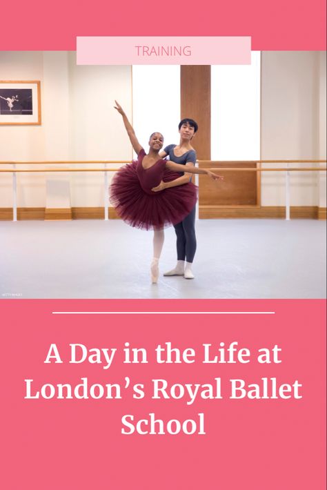 Rebecca Stewart, wearing a burgundy leotard and tutu, and pink tights and pointe shoes, poses in a croise arabesque on pointe while her partner, a teenage boy, holds onto her waist from behind. The boy dancer wears a gray t-shirt and tights, and white socks and ballet slippers. They dance in a large ballet studio and both smile towards the camera. Ballet Training, Royal Ballet School, The Royal Ballet, Ballet Technique, Dancing Day, Ballet School, Studying Abroad, Dance School, Ballet Class