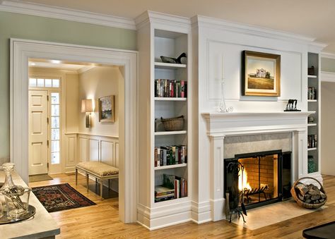 Crisp Architects - traditional - living room - new york - Crisp Architects Fireplace Bookcase, Built In Around Fireplace, Painted Wainscoting, Living Room New York, Fireplace Bookshelves, Fireplace Built Ins, Bookcase Design, Living Room Design Ideas, Foyer Design