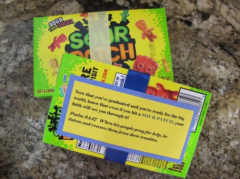 Graduation- Sour Patch Kids candy idea Babysitting Kit, Afternoon Activities, Class Crafts, Christmas Sunday, Candy Quotes, Candy Grams, Lilo Und Stitch, Sabbath School, Graduation Candy