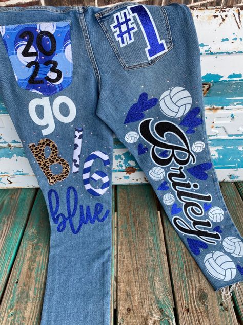 Created by Christina woth the Divarella Painted Jeans School Spirit Senior, Homecoming Pants Ideas, Senior Jeans Ideas High Schools, Hoco Overalls, Homecoming Jeans Ideas, Homecoming Overalls, Homecoming Jeans, Hoco Jeans, School Spirit Outfit