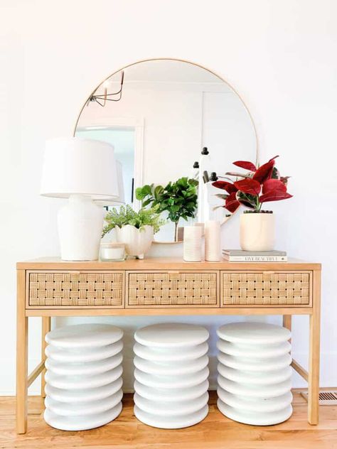 Create these DIY Stools using no tools. This is a perfect weekend project, and a great way to add a fun piece of decor to your entryway or any room. Use them as a side table or stool in any area of your house. #DIY #DIYDecor Best Faux Plants, Diy Stools, Entryway Table Styling, Stone Spray Paint, Rattan Console, Unfinished Wood Furniture, Diy Stool, Shop Stool, Diy Boho Decor