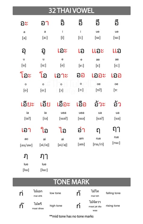 Thai Consonants And Vowels, Learn Thai Language Alphabet, Thai Notes Study, Thai Vowels, Thai Consonants, Thai Language Learning, Study Thai, Thai Notes, Thai Vocabulary