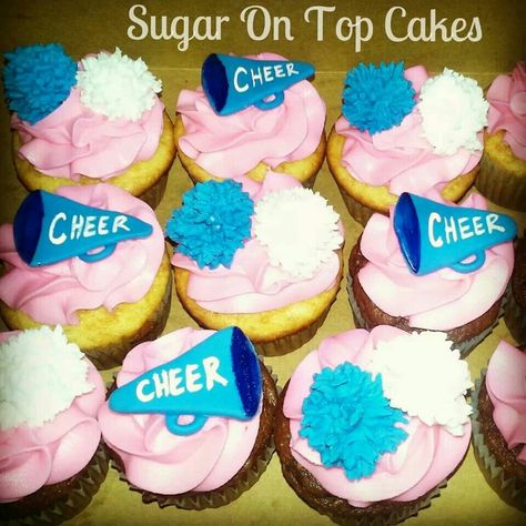 Cheerleading cupcakes with megaphones and pom-poms! Facebook.com/SugarOnTopCakes Cheerleading Cupcakes Ideas, Cheerleader Cupcakes Ideas, Cheer Cupcakes Ideas, Cheer Dessert Ideas, Cheerleader Cupcakes, Cheer Cookies, Cheer Cake, Cheer Cupcakes, Cheerleader Birthday Party