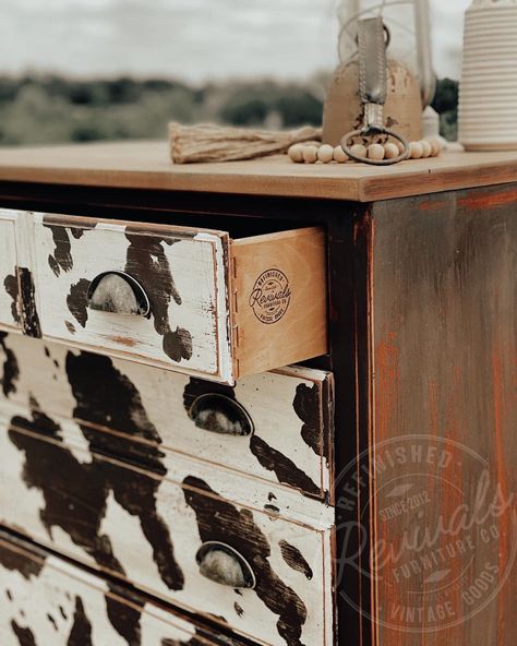 Cow Print Dresser Drawers, Aztec Painted Dresser, Cowhide Dresser Diy, Dresser Makeover Western, Diy Refurbished Night Stand Ideas, Western Dresser Makeover, Redone Furniture Before And After, Refurbished Western Furniture, Western Dresser Ideas