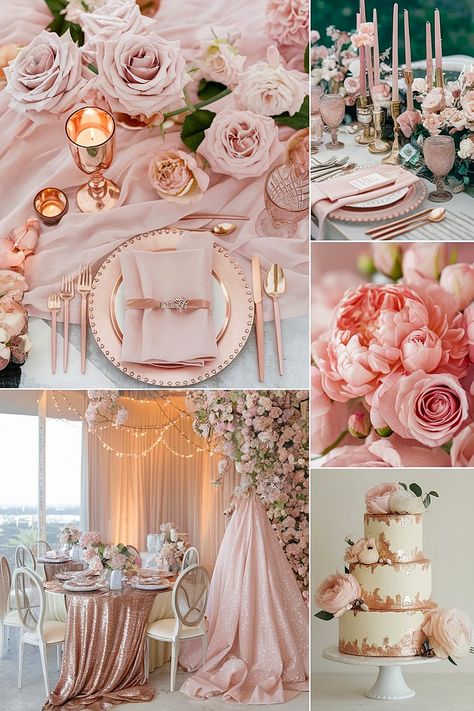 Rose gold wedding palette with blush accents and soft metallics. Light Pink And Gold Wedding Theme, Wedding Color Schemes Pink, Rose Gold And Champagne Wedding, Rose Gold Wedding Palette, Unique Wedding Color Schemes, Blush Pink Wedding Theme, Rose Gold Wedding Theme, Rose Gold Wedding Ideas, Rose Gold Wedding Reception