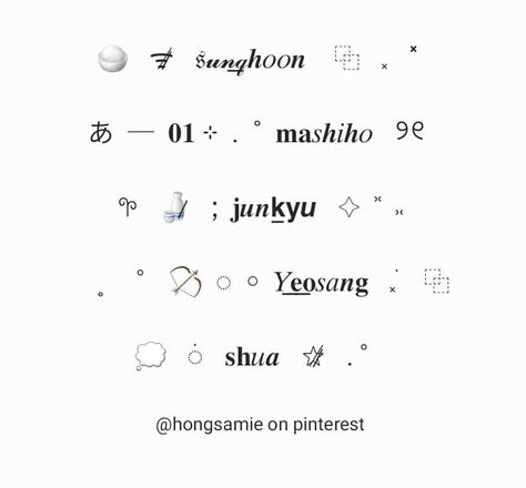 𔘓 ⸼ ˚ random idols nicks ⿻ click "visitar" para obtenerlos Cute Emoji Combinations, Cool Text Symbols, Tattoo Script Fonts, Cute Bios, Name Symbols, Cute Text Symbols, Business Fonts, Font Examples, Text Symbols