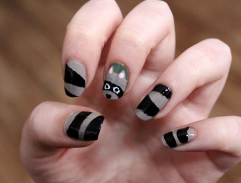 16 Trendy Raccoon Nail Arts | PetPress Raccoon Nail Designs, Raccoon Nail Art, Raccoon Nails, Nails Animals, Animal Nail Art, Korean Nail Art, Abstract Nail Art, Girlie Girl, Korean Nails