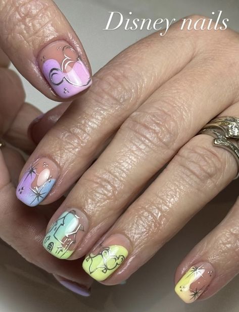 Gel X Nail Designs Disney, Colourful Disney Nails, Summer Disney Nails 2024, Bugs Life Nails, Disney Epcot Nails, Disney World Nail Art, Pixar Cars Nails, Disney Nails Acrylic Short, Easy Character Nail Art