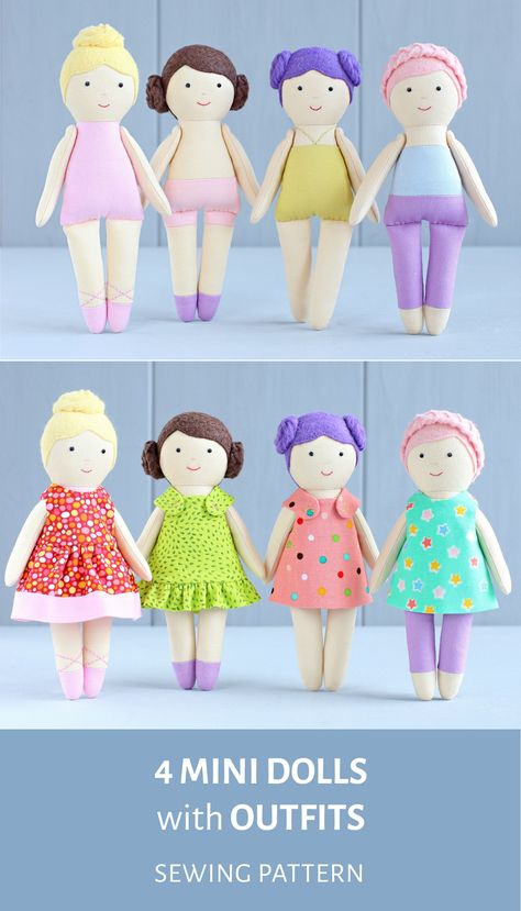 This collection of five digital sewing patterns, delivered as a handy PDF, empowers you to craft four delightful 6-inch mini rag dolls.  Detailed step-by-step photo instructions and full-size pattern pieces ensure a seamless sewing experience, even for beginners. Additionally, you'll receive a special 8-piece Summer capsule wardrobe designed exclusively for your miniature creations. Packed with helpful doll making tips and tricks, this pattern makes it easy to bring your vision to life and sew your own adorable cloth dress-up mini doll. 
.#FreeCrochetPatterns #SewingToys #KnittingPatterns #SewingDolls #FreeSewingPatterns Pdf Doll Pattern Free, Mini Rag Doll Pattern Free, Free Doll Patterns To Sew, Doll Patterns Free Sewing, Basket Sewing Pattern, Diy Dolls Making, Doll Patterns Free, Cloth Dolls Handmade, Rag Doll Pattern