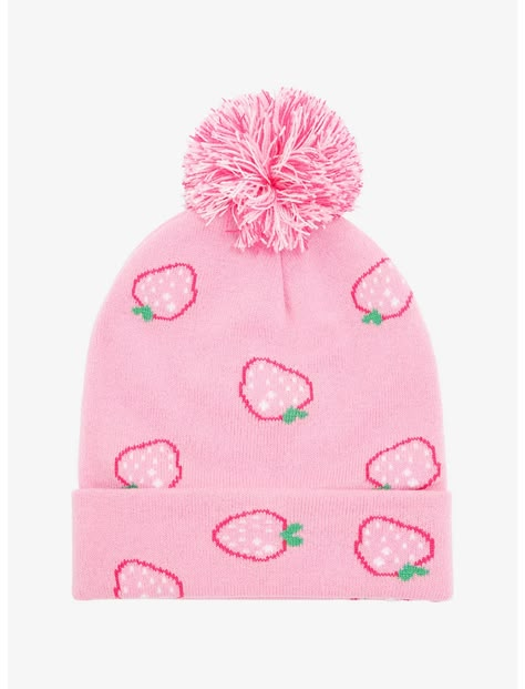 Pastel Strawberries, Strawberry Fashion, Png Accessories, Beanie Collection, Accessory Closet, Biker Gloves, Cool Beanies, Pink Beanie, Hooked Pillow