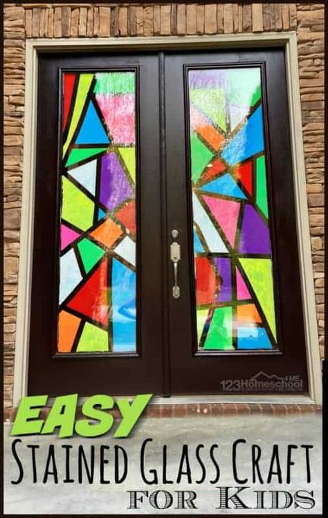 Looking for a fun project of stained glass art for kids for kids to make? You can quickly turn your window or front door into a stunningly beautiful stained glass window craft! This stained glass craft is fun for the whole family to try together; kids from preschool, pre-k, kindergarten, first grade, 2nd grade, 3rd grade, 4th grade, 5th grade, and 6th grade students will want to help. So try this kids stained glass window to turn your glass into a piece of modern art that decorate inside AND out Tin Foil Crafts, Painting On Glass Windows, Diy Staining, Window Crafts, Glass Window Art, Glass Craft, Spring Craft, Spring Crafts For Kids, Cool Art Projects