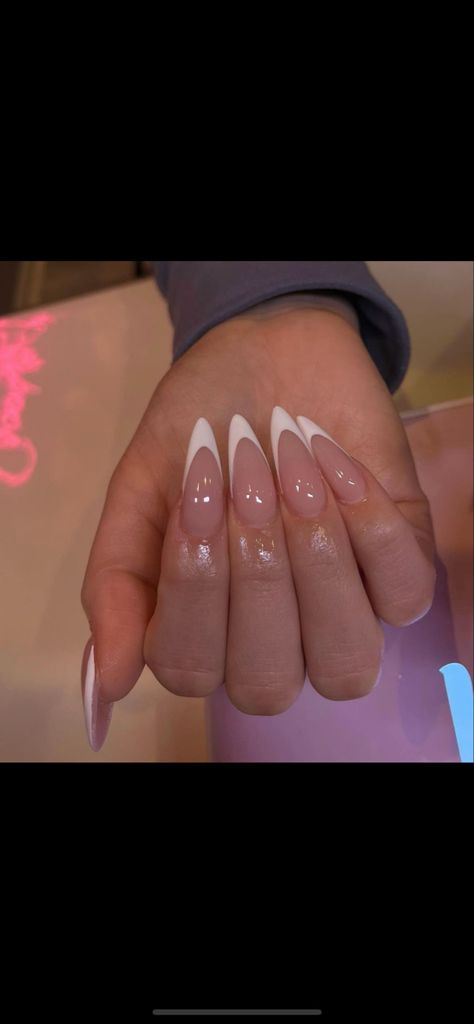 Woman’s Tattoo Placement, Long Round Acrylic Nails Classy, Almond Nails Deep French, Sculpted Almond Nails, Gelx Apres Nails French Tip, French Tip Pointy Almond Nails, Almond Stilleto French Nails, French Tip Stelito Nails, Almond French Chrome Nails