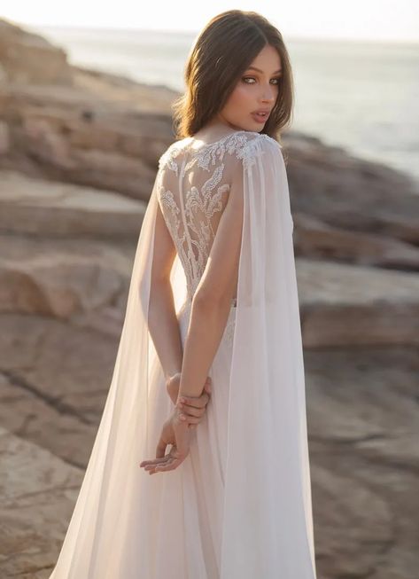 beaded chiffon outdoor wedding dress with caped sleeve Chiffon Dress Wedding, Wedding Dress Cape, Wedding Dress Rustic, White Chiffon Dress, Smaller Wedding, Rustic Wedding Dress, Wedding Dress Low Back, Cape Wedding, Chiffon White Dress