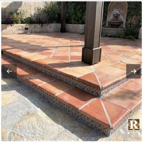 Mexican Tiles Outdoor Patio, Hacienda Outdoor Patio, Spanish Tile Patio Outdoor Areas, Mexican Tile Patio, Saltillo Tile Patio, Spanish Style Garden, Mexican Pool, Patio Tile Ideas, Outside Staircase