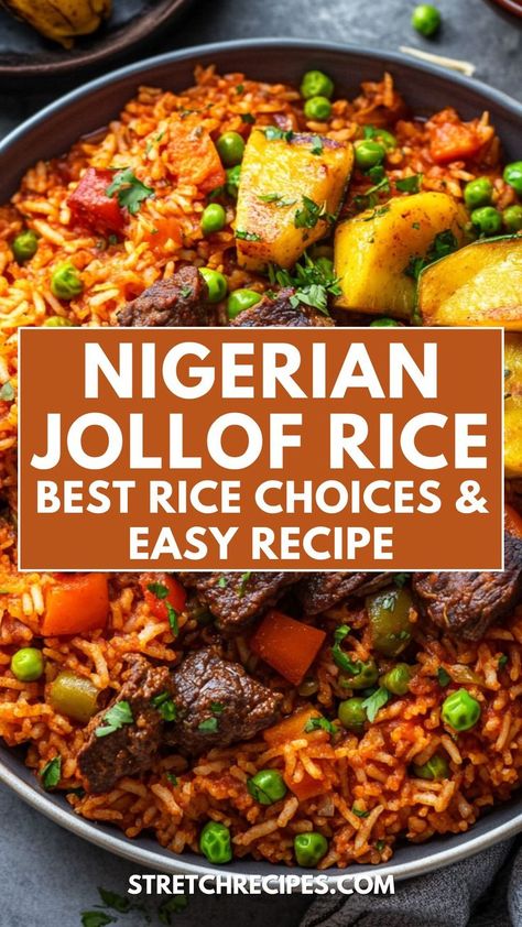 Indulge in this flavorful Nigerian Jollof Rice with Vegetables and Beef! Using parboiled long-grain rice, this dish is a true representation of Nigerian cuisine, bursting with vibrant colors and tastes. Save this recipe now and click through for the complete guide! Easy Jollof Rice, Rice Jollof Recipe, Senegalese Jollof Rice Recipe, Liberian Jollof Rice, Nigerian Rice Recipes, Nigerian Beef Stew, Pilau Rice Recipe Kenya, Ghana Jollof Rice Recipe, Grenadian Recipes