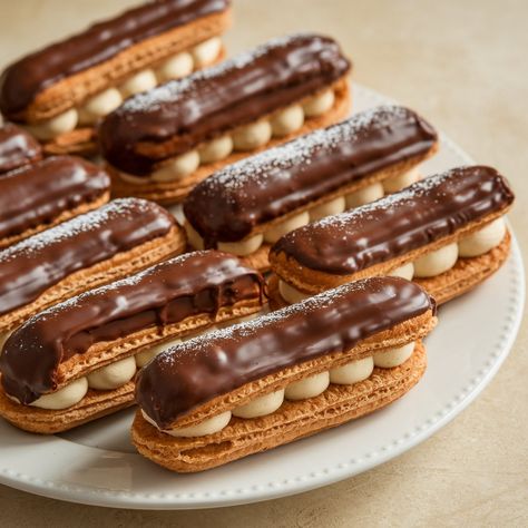 Indulge in these Classic French Chocolate Eclairs! 🍫✨ With creamy vanilla pastry filling and a rich chocolate glaze, they’re the perfect elegant dessert! #Ingredients: **For the Choux Pastry (Éclair Shells):** - 1/2 cup unsalted butter - 1 cup water - 1 tablespoon granulated sugar - 1/4 teaspoon salt - 1 cup all-purpose flour - 4 large eggs **For the Pastry Cream:** - 2 cups whole milk - 1/2 cup granulated sugar - 1/4 cup cornstarch - 4 large egg yolks - 2 tablespoons unsalted butter - 2 te... Pastry Filling, Chocolate Eclairs, French Chocolate, Chocolate Eclair, Choux Pastry, Elegant Desserts, Pastry Cream, Dessert Ingredients, Egg Yolks