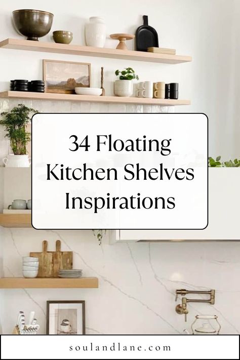 Embrace the elegance and functionality of floating kitchen shelves to grace your walls and elevate your kitchen's aesthetic. These sleek storage solutions offer a minimalist approach, creating the illusion of more space while keeping your essentials within reach. Discover a variety of materials and finishes, from natural wood to modern metal, that can complement any kitchen design. One Long Open Shelf Kitchen, Lower Cabinets With Open Shelving, Kitchen Floating Shelf Ideas, Kitchen Floating Shelves Ideas, Kitchen Cabinets With Open Shelves, How To Style Kitchen Shelves, Kitchen Shelves Decor, Kitchen With Shelves, Open Shelves Kitchen