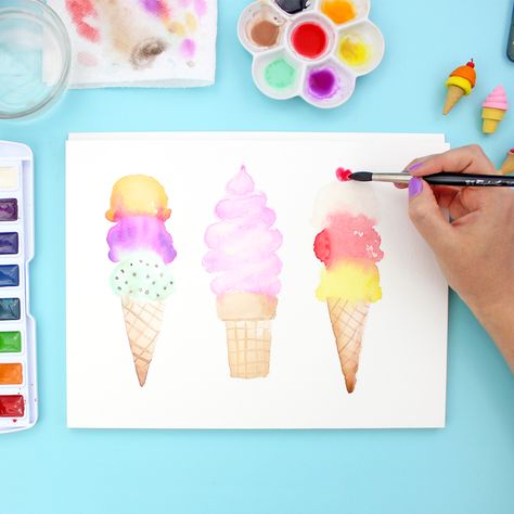 Learn how to paint watercolor ice cream cones with this detailed step by step tutorial. This is a great watercolor project for beginners. Check it out! Watercolor Ice Cream, Art Videos For Kids, Watercolor Art Diy, Watercolor Art Journal, Watercolor Art Paintings, Learn Watercolor, Paint Watercolor, Watercolor Paintings For Beginners, Watercolor Projects