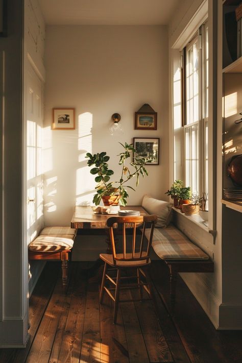 Small Tiny House Storage, Tiny Gallery Kitchen, Big Table Small Space, Minimal Farmhouse Interior, Cozy Apartment Dining Room, Kitchen Nook Small Spaces, Tiny Kitchen Dining, Small Kitchen With Table, Big Window Living Room