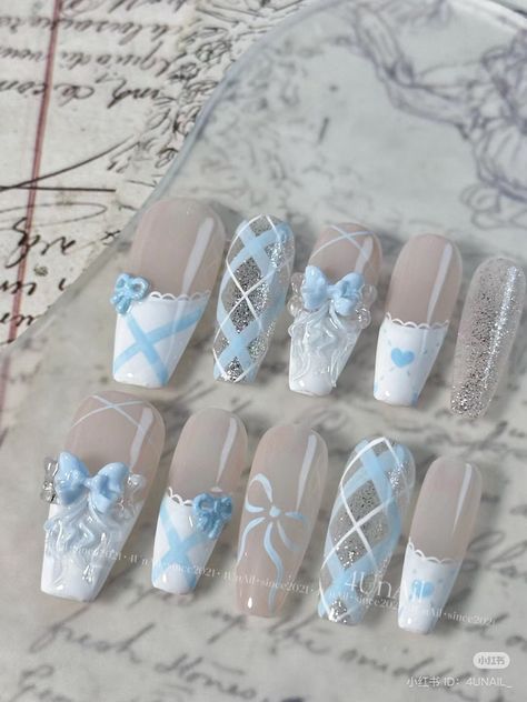 Cute Nail Designs Korean, Light Blue Nails With Diamonds, Cinnamonroll Nails Designs, Blue Asian Nails, Blue And White Wedding Nails, Manhwa Nails, Purple Korean Nails, Nail Ideas Coquette, Blue Coquette Nails