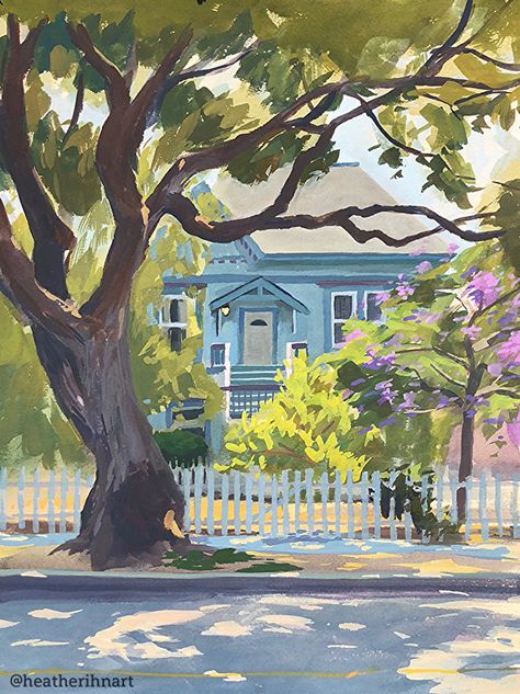 Blue House by Heather Martin Landscape Art Ideas, Cottage Yard, Heather Martin, Gouache Art, Wow Art, Painting Art Projects, Blue House, Gouache Painting, Acrylic Paints