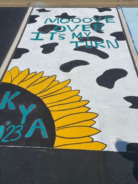 Cow Senior Parking Spot, Cow Print Senior Parking Spot, Western Parking Spot Ideas, Cow Print Parking Spot, Western Senior Parking Spot Ideas, Senior Parking Space Ideas Country, Western Parking Spot Painting, High School Painted Parking Spots, Cute Parking Spot Painting Ideas