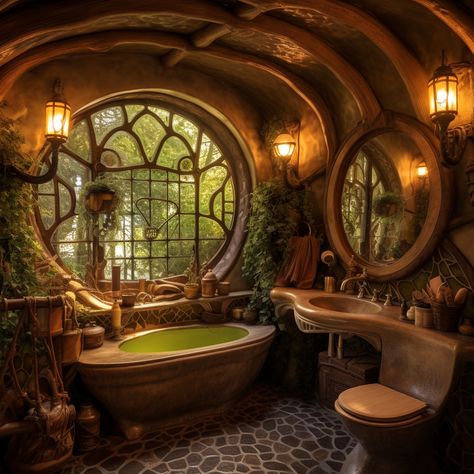 Hobbit House Interior Inspiration, Lotr Bathroom, Fairy Bathroom Ideas, Hobbit Bathroom, Green Aesthetic House, Fairytale Bathroom, Medieval Bathroom, Rhea Goddess, Treehouse Bathroom