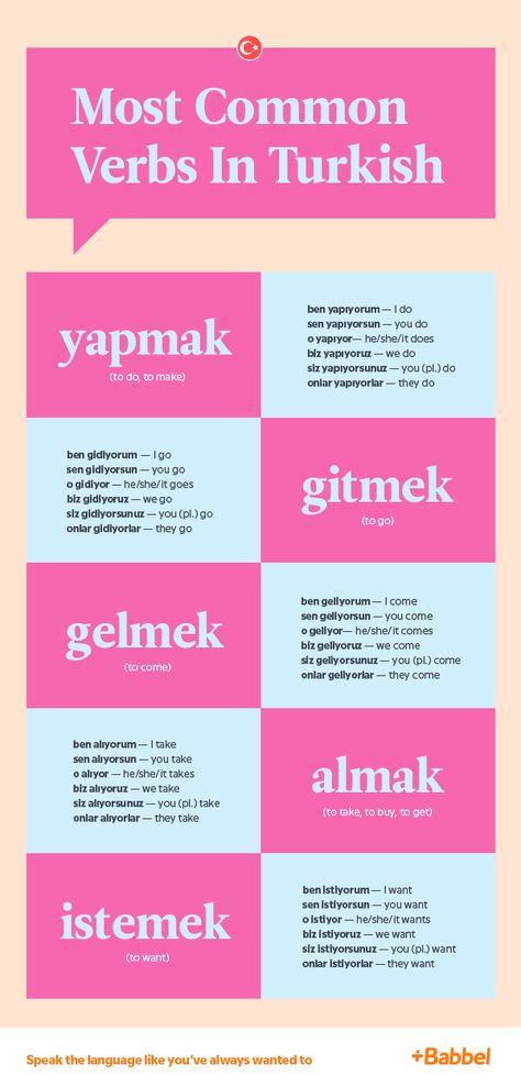 What are the most important verbs in Turkish, how do you conjugate them and how do you use them? We’ve prepared a handy intro for you.  #LearnLanguages #LanguageLearning #Turkish #TurkishVerbs Turkish Verb Conjugation, Turkish Vocabulary Words, Turkish For Beginners Language, Turkish To English Study Sets, Verbs In Turkish, Learn Turkish Language Grammar, Learning Turkish Language, Turkish Language Learning For Beginners, Turkish Words Aesthetic