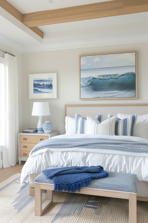 Boho Coastal Bedroom Decor, Beach House Rooms, Coastal Mediterranean Decor, Modern Beach House Bedroom, Beach Vibe Bedroom, Light Blue Room, Blue And White Room, Costal Bedroom, Coastal Room Decor