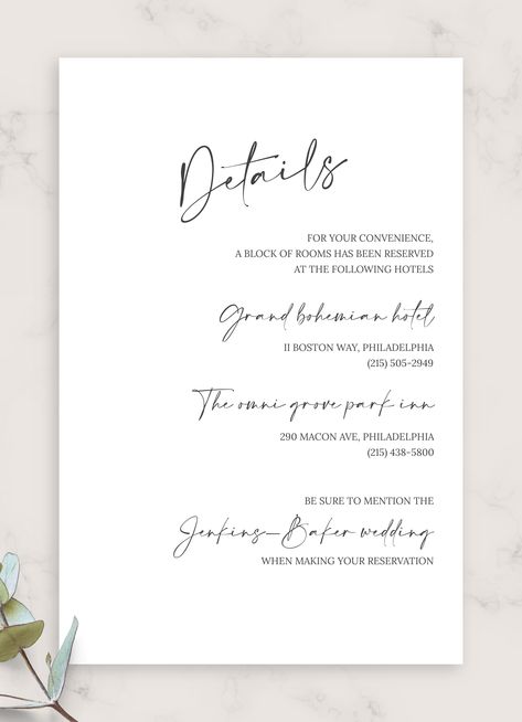 Simple Script Formal Wedding Details Card is designed to become an informative addition to your wedding invitation that would inform your invited guests about all the important details including hotel and venue address, transportation details, i.e. directions or map, time of the ceremony, etc. Details Page Wedding Invitation, Your Invited, Shower Foods, Wedding Details Card, Shower Food, Baby Shower Food, Wedding Stationary, Hotel Wedding, Farm Wedding