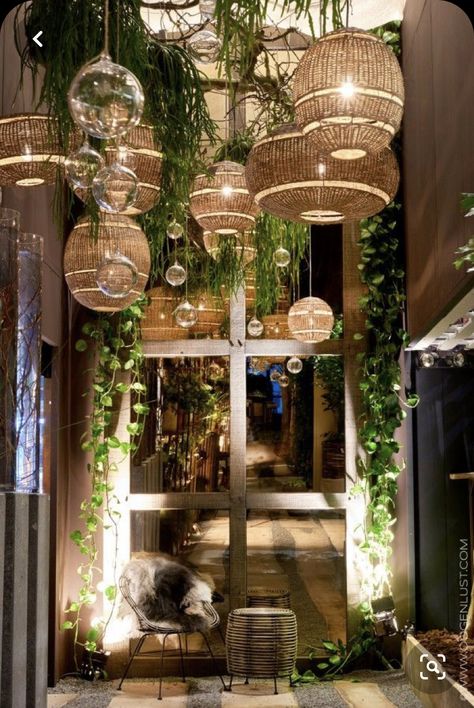 Balcony Ceiling, Simple Balcony, Lights Hanging, Ceiling Ideas, Balcony Decor, Restaurant Interior, Cafe Interior, Cafe Design, Hanging Plants