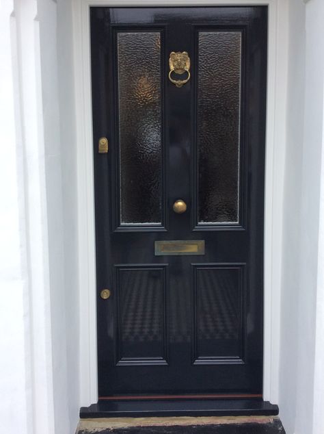 Black Gloss Front Door, English Front Door, Gloss Front Door, 1930s Front Door, House Inspection, Victorian Front Door, Victorian Doors, Victorian Front Doors, Front Door Hardware