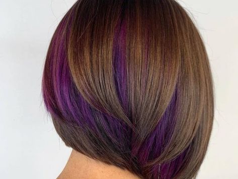 Bob Haircut With Peekaboo Color, Long Bob With Peekaboo Color, Short Hair With Purple, Peekaboo Hair Color Short, Peekaboo Hair Color Purple, Brown Hair With Colored Highlights Fun, Peekaboo Bob, Purple Short Hair, Messy Bobs