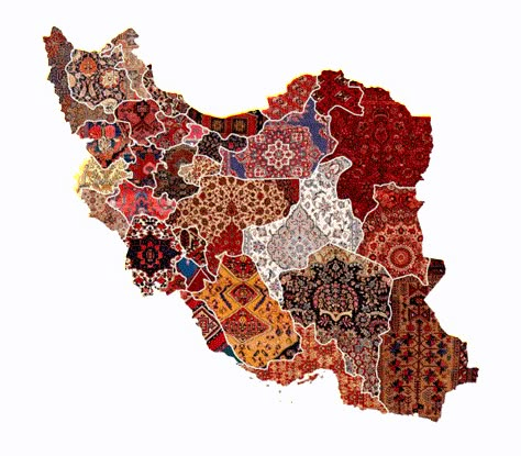 Map of Iran where each region is highlighted according to their unique rug designs. Iranian Rugs, Iran Culture, Persian Calligraphy Art, Iranian Carpet, Iran Pictures, Persian Rug Designs, Persian Art Painting, Rug Patterns, Hand Drawn Map