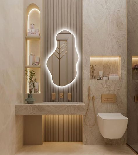 Amazon.com: FAWdecor Irregular Led Lighted Mirror for Bathroom, Asymmetrical Vanity Mirror with Lights, Washbasin Backlit Led Illuminated Wall Mirror (Cool Ligth, 74x130 cm | 29.1"x51.2") : Home & Kitchen Vanity Mirror Shapes, Washroom Mirror Design, Asymmetrical Vanity, Washroom Vanity Designs, Bathroom Vanity With Makeup Area, Washroom Mirror, Vanity Mirror With Lights, Bathroom Vanity Designs, Traditional Vanity