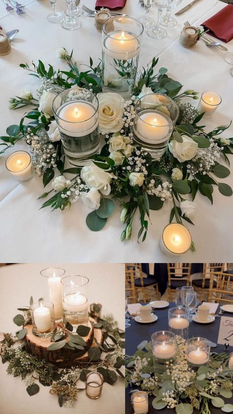 Earthy Wedding Florals, Greenery And Candle Centerpiece, Low Centerpieces Wedding, Steel Blue Weddings, Blue Table Settings, Candle Centerpiece, Low Centerpieces, Candle Wedding Centerpieces, Earthy Wedding