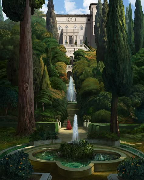 The garden, Giorgos Tsolis on ArtStation at https://www.artstation.com/artwork/ybeEaJ Royal Garden Fantasy Art, Fantasy Garden Concept Art, Garden Concept Art, Fantasy Garden Art, Medieval Garden, Fantasy Gardens, Manor Garden, Fantasy Garden, Bg Design