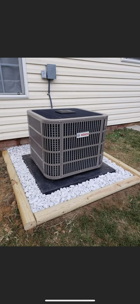 Rock Bed Around Ac Unit, Outdoor Home Upgrades, Hvac Unit Landscaping, Mobile Home Back Patio Ideas, Air Conditioning Landscaping, Side Home Landscaping, Outside Building Ideas, Air Conditioner Landscaping Ideas, Rocks Around Ac Unit