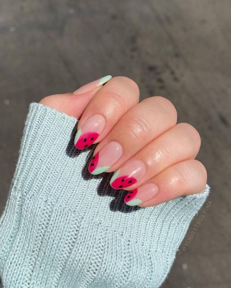 Watermelon French Nails, Watermelon Inspired Nails, Nail Art Watermelon, Dragonfruit Nails, Watermelon Color Nails, Watermelon Nails Acrylic, Watermelon Nails Design, Melon Nails, Nails Watermelon