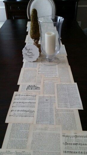 Old book page table runner Book Pages Table Runner Wedding, Newspaper Table Decor, Library Anniversary Celebration, Book Page Table Runner, Book Page Backdrop, Book Tablescape, Book Themed Graduation Party, Book Centerpiece Ideas, Wedding Table Runner Ideas