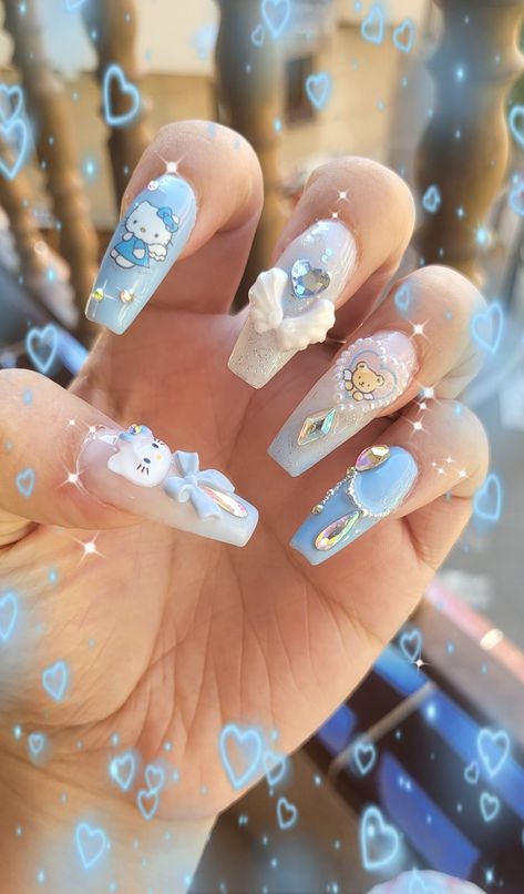 Baby blue kawaii nailart #asiannails #kawaii #kawaiiaesthetic #babyblue Blue Hello Kitty Nails, Japan Nails, Hello Kitty Angel, Hello Kitty Nails Art, Japan Nail, Quinceanera Nails, Blue Gel Nails, Angel Nails, Kitty Nails