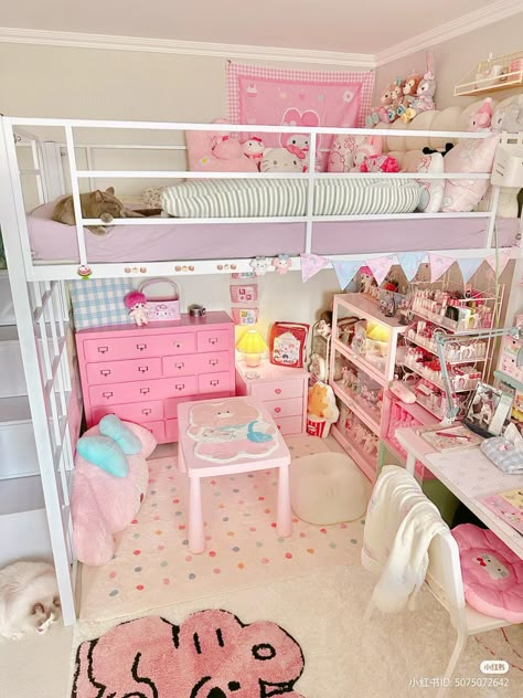 Kawaii Room With Loft Bed, Loft Bed Small Room Ideas, Kawaii Room Loft Bed, Kawaii Loft Bed, Cute Loft Bed Ideas, Cute Loft Bed, Loft Bed Aesthetic, Japanese Room Ideas, Dream Bedroom Inspiration