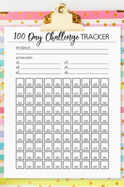 Doing a 100 day challenge or setting 100 day goals is super trendy right now. So if you've started a fitness challenge, a money saving challenge, or any other personal challenges then you'll need a good printable tracker worksheet! Grab this super cute and free printable 100 day challenge tracker PDF to hang on your fridge or put in your planner to keep track of your goals progress! 100 Day Diet Challenge, 100 Day Saving Challenge Printable, Free Money Challenge Printable, 100 Day Money Challenge, 100 Day Challenge Printable, Ipon Challenge Printable, 100 Days Challenge Printable, 10k In 100 Days Challenge, No Spend Challenge Printable