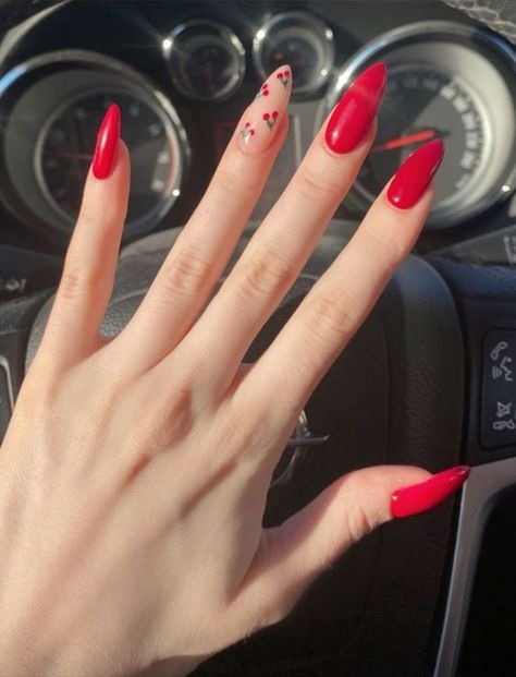 Red Nails Ideas Summer, Cherry Red Summer Nails, Red Nail Summer, Red Summer Nails 2024, Summer Red Nails Designs, Cherry Almond Nails, Nails Red Summer, June Nail Designs, Summer Nails Red