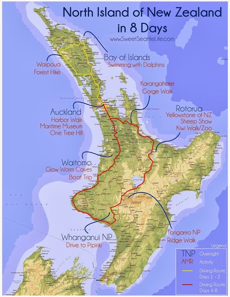 Eight (8) day North Island of New Zealand Route Map and Itinerary Glow Worm Cave, New Zealand North Island, Map Of New Zealand, New Zealand Cities, North Island New Zealand, Bay Of Islands, New Zealand North, Travel Route, Rotorua